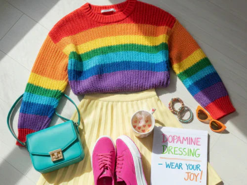Brightly colored flat lay showcasing a rainbow-striped sweater, a yellow pleated skirt, hot pink sneakers, and a turquoise handbag.